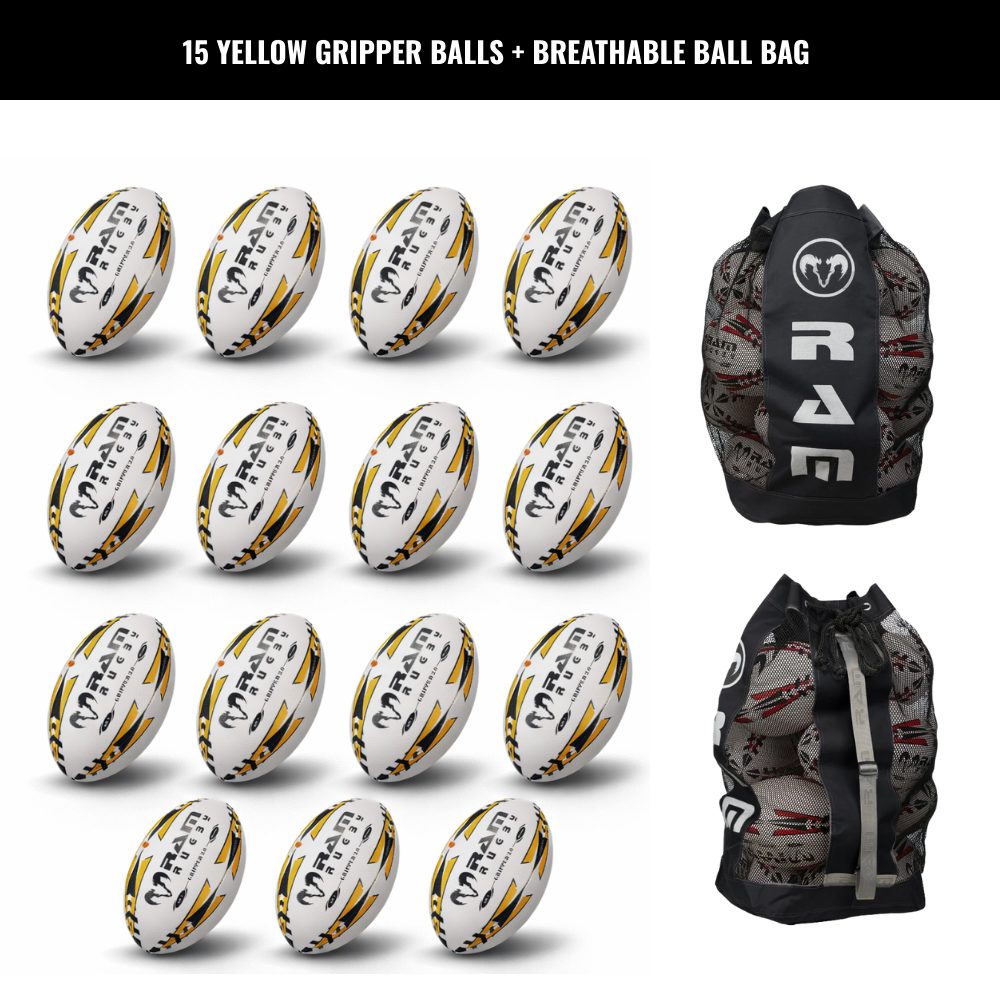 Ram Rugby Gripper 2.0 Pro Trainer Rugby Ball Bundle 15 Balls 1 Bags