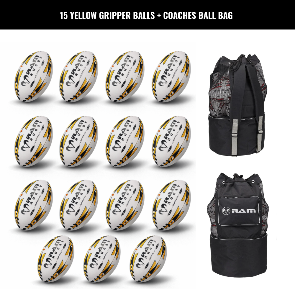 Ram Rugby Gripper 2.0 Pro Trainer Rugby Ball Bundle 15 Balls 1 Bags