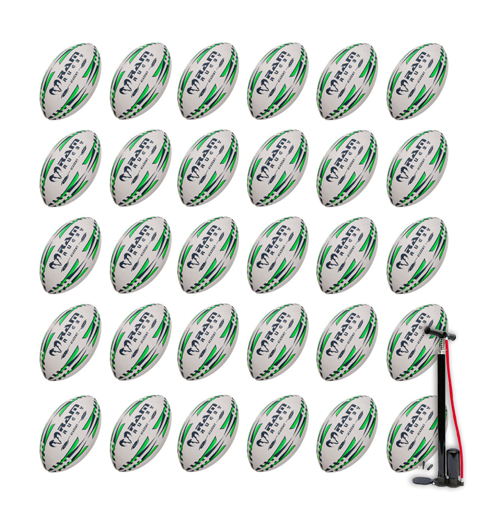 Thirty Ram Rugby Academy Trainer rugby balls in bright yellow stacked neatly next to two black breathable storage bags for training.