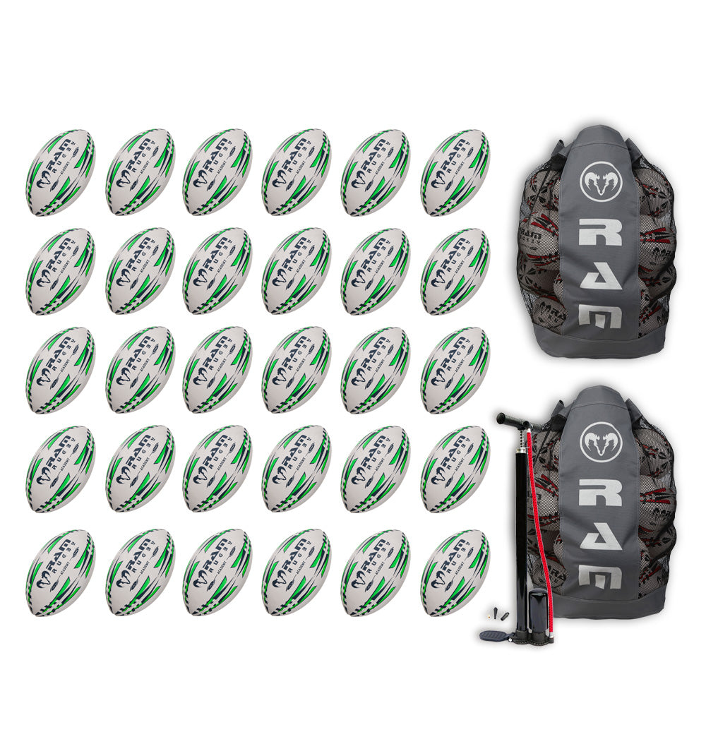 Stack of Ram Rugby Academy Trainer Ball Bundle with 30 red and white training rugby balls alongside two breathable storage bags