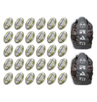 Thirty Ram Rugby Academy Trainer Balls in a large stack with two breathable storage bags for youth rugby training sessions.