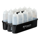 Ram Rugby 12-pack 750ml water bottles with durable black plastic carrier, ideal for team hydration during training sessions