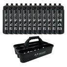 Ram Rugby 12-pack 750ml water bottles with durable black plastic carrier, ideal for team sports hydration and training use.