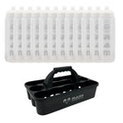 Ram Rugby 12-pack 750ml clear water bottles neatly arranged in durable black plastic crate carrier for team hydration