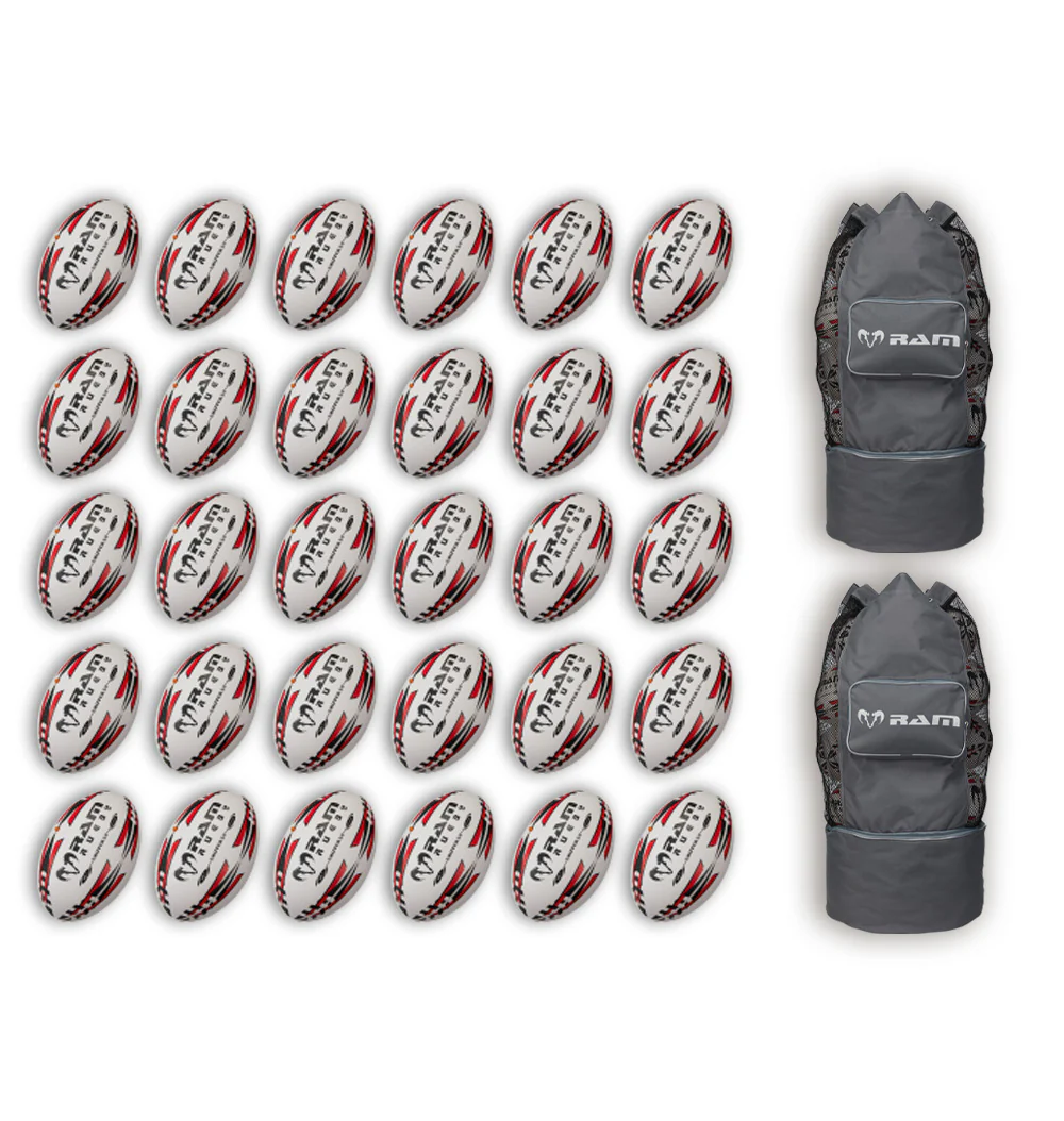Ram Rugby Gripper 2.0 Pro Trainer Rugby Ball Bundle 30 Balls 2 Bags