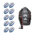 Ten Gilbert Atom match rugby balls in bright white and green, bundled with a black breathable storage bag for easy transport