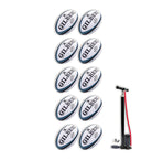 Set of 10 Gilbert Kinetica Rugby Match Balls stacked with a breathable black Gilbert branded carrying bag for club play