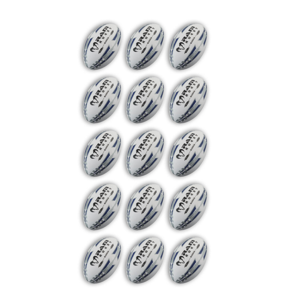 Stack of 15 Ram Rugby Raider 2.0 black match balls alongside a black breathable storage bag for rugby ball bundles.