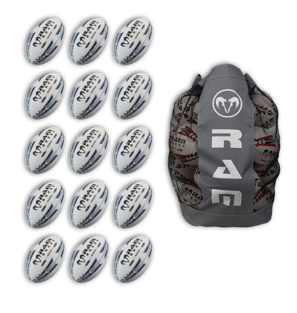 Stack of 15 Ram Rugby Raider 2.0 black size 5 match balls with breathable bag for organized rugby ball storage and transport