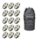 Stack of 15 gold Ram Rugby Victor 2.0 Elite Match Size 5 balls neatly arranged with breathable storage bag for transport