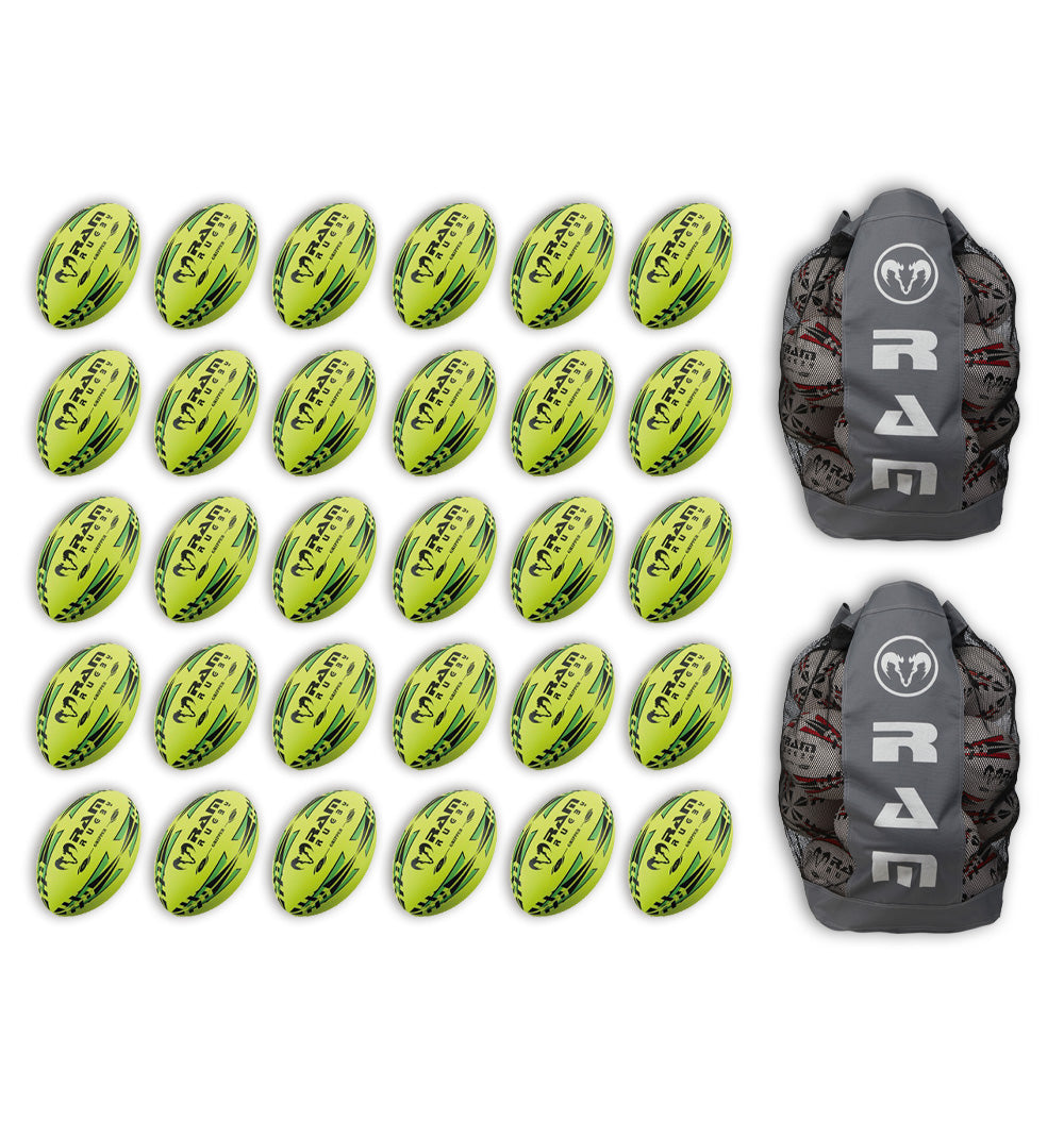 Stack of neon yellow, orange, and green Ram Rugby Gripper 2.0 Pro Trainer balls packed inside two breathable storage bags.