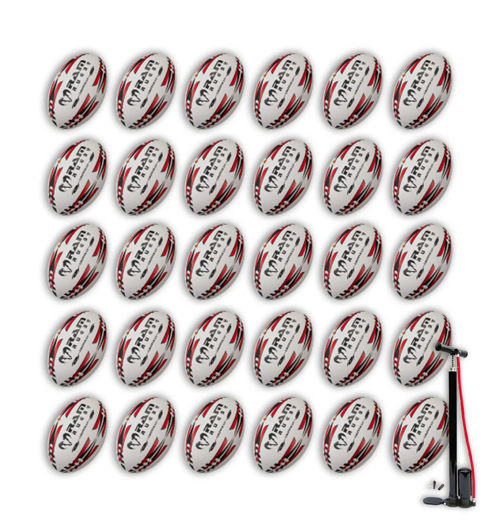 Ram Rugby Gripper 2.0 Pro Trainer Rugby Ball Bundle 30 Balls 2 Bags