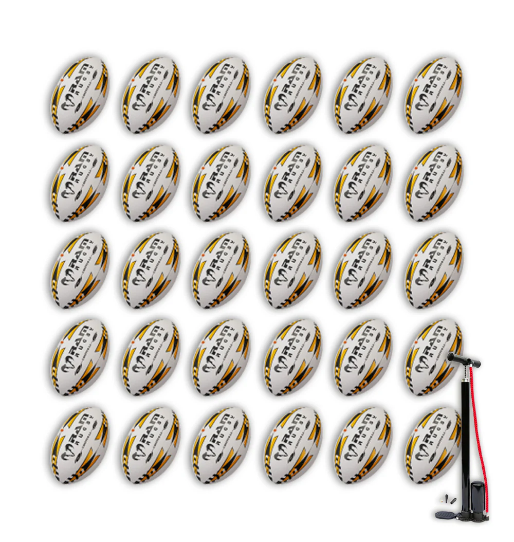 Ram Rugby Gripper 2.0 Pro Trainer Rugby Ball Bundle 30 Balls 2 Bags