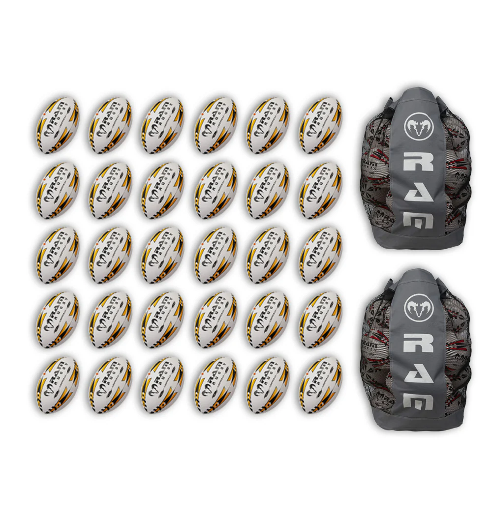 Ram Rugby Gripper 2.0 Pro Trainer Rugby Ball Bundle 30 Balls 2 Bags