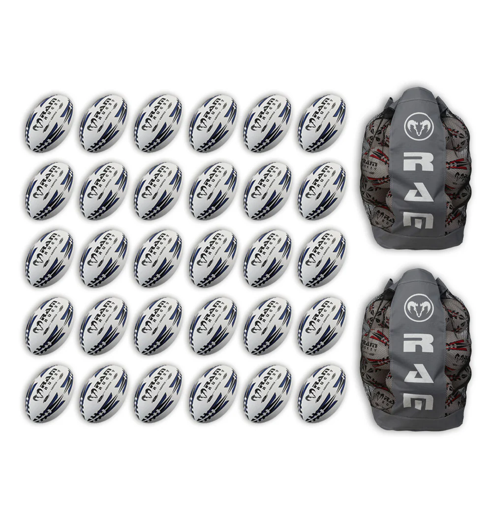 Ram Rugby Gripper 2.0 Pro Trainer Rugby Ball Bundle 30 Balls 2 Bags
