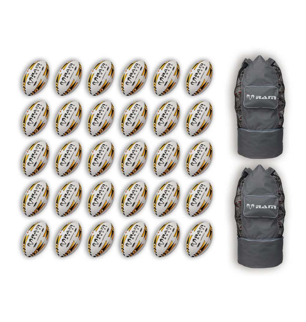 Ram Rugby Gripper 2.0 Pro Trainer Rugby Ball Bundle 30 Balls 2 Bags