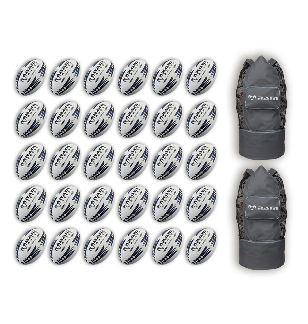 Ram Rugby Gripper 2.0 Pro Trainer Rugby Ball Bundle 30 Balls 2 Bags