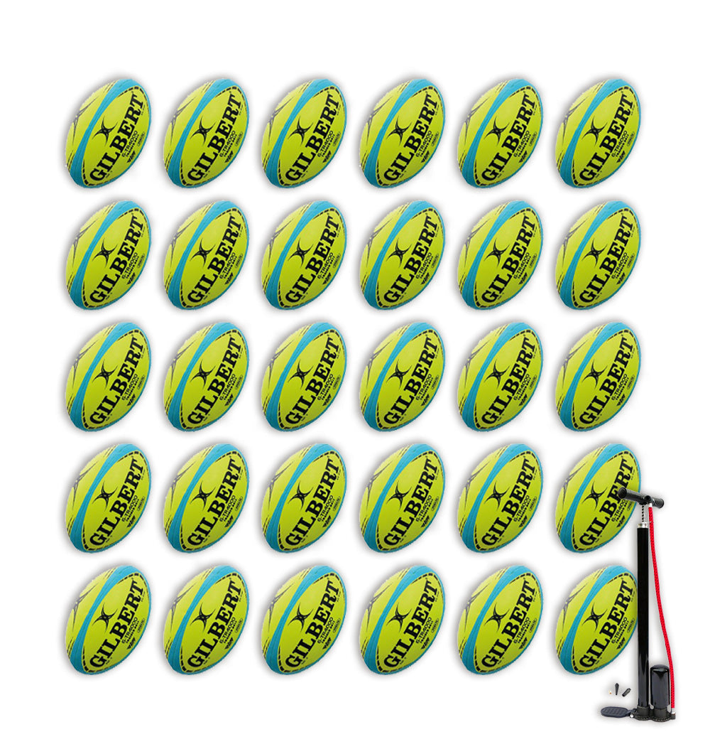 Gilbert G-TR4000 Trainer neon yellow rugby balls stacked with two black breathable ball bags for size 5 training bundle
