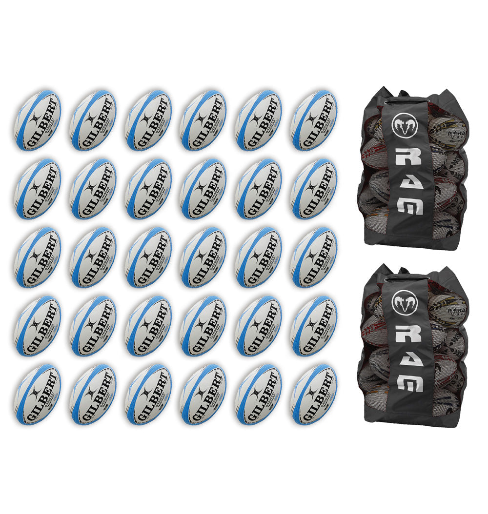 Thirty Gilbert G-TR4000 trainer size 5 rugby balls stacked beside two large breathable black ball bags for team use
