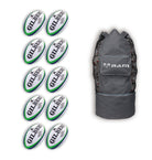 Ten Gilbert Barbarian 2.0 Size 5 rugby balls neatly stacked inside a durable breathable training bag for match use