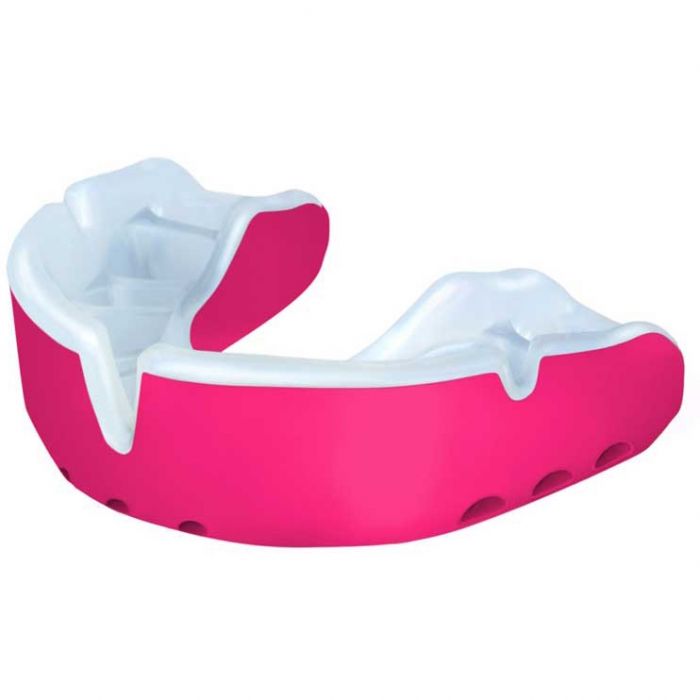 Opro Gold Rugby mouthguard in black and gold showing flexible inner layer and anatomical fins for secure, comfortable fit