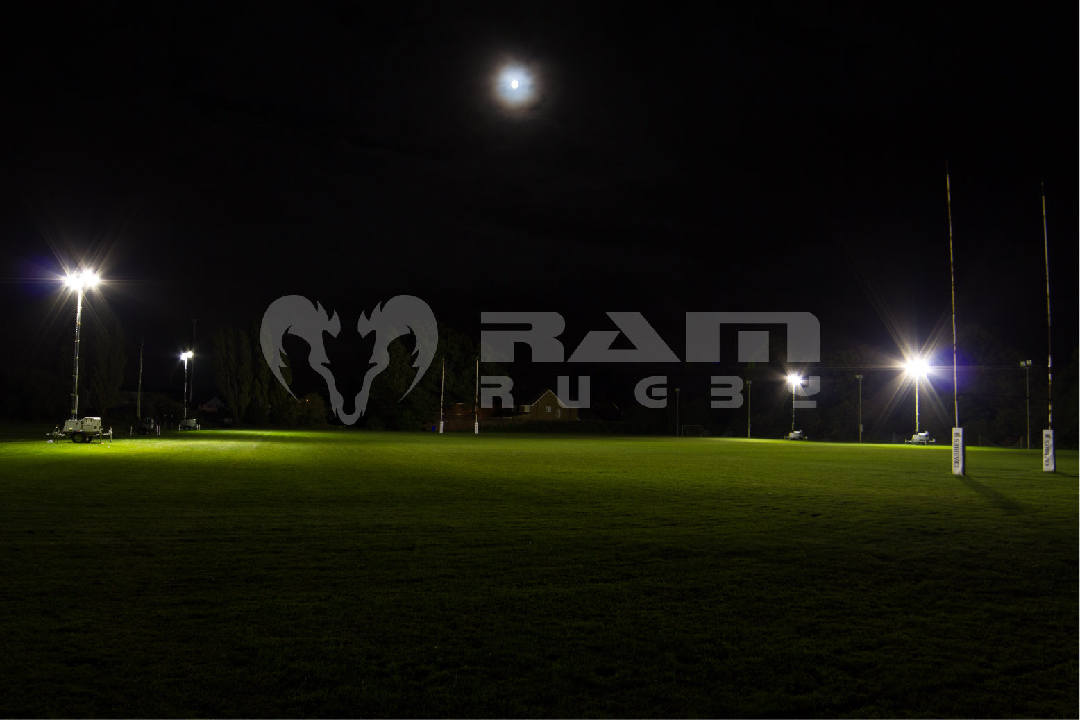 Ram Rugby TL-90 Mobile Floodlight with Kubota engine showing extended 9m mast and four powerful 1000W metal halide lamps