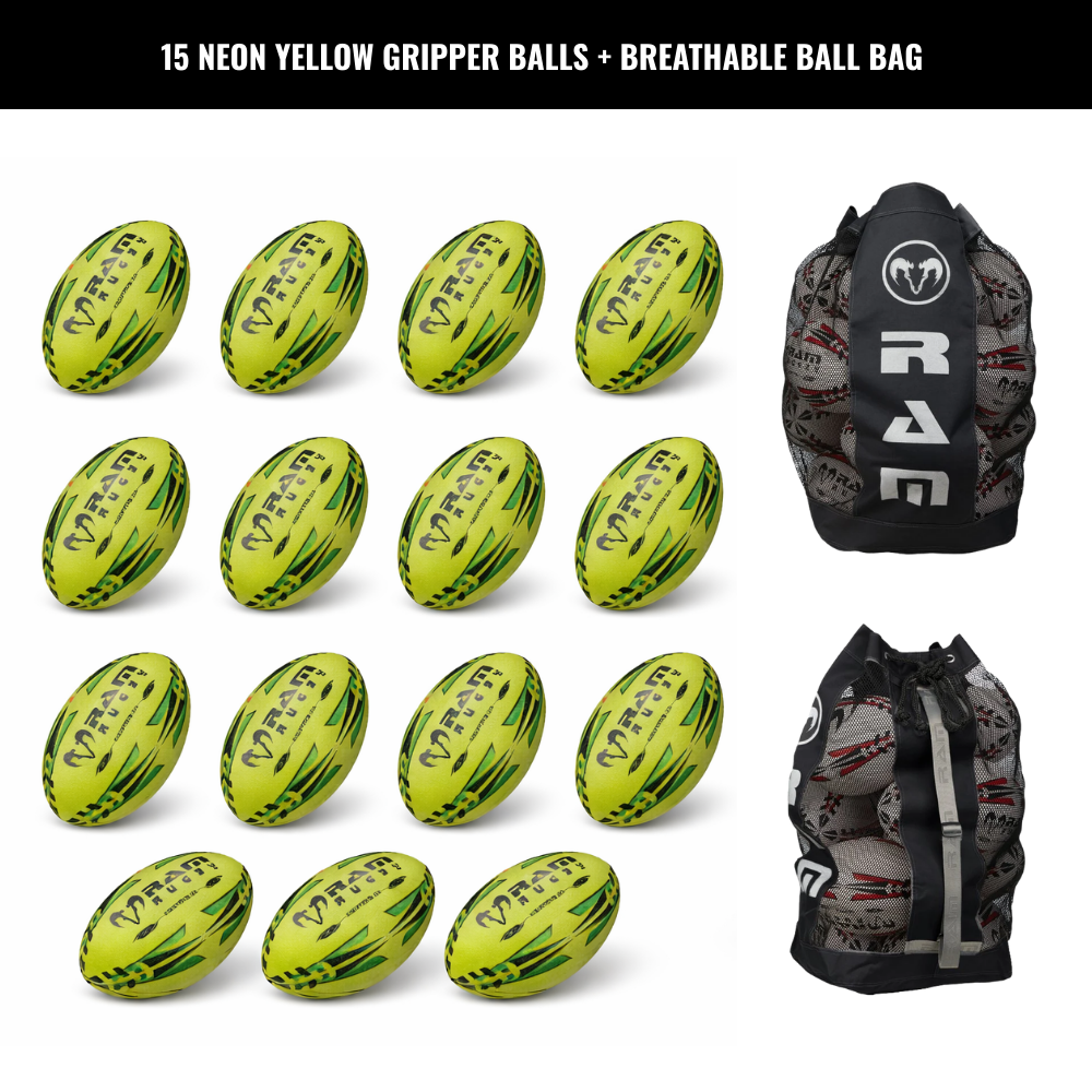 Ram Rugby Gripper 2.0 Pro Trainer Neon Ball Bundle 15 Balls with 1 Bag
