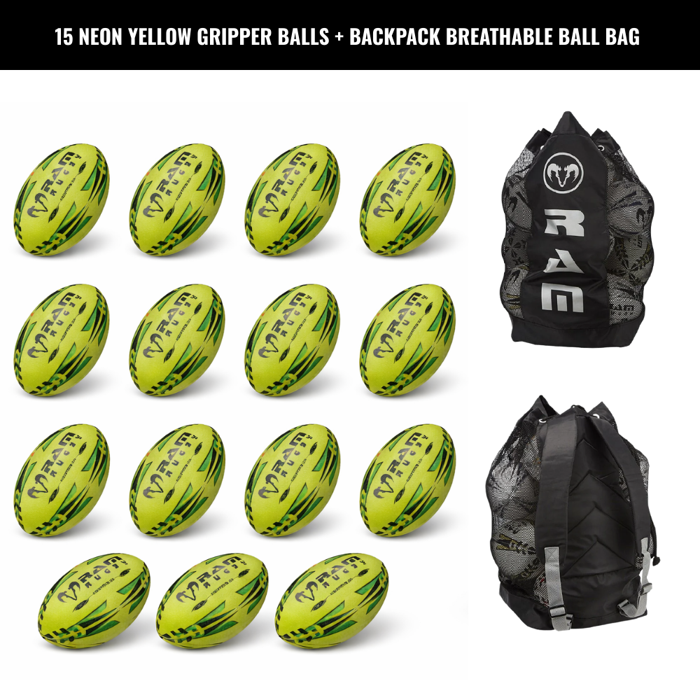 Ram Rugby Gripper 2.0 Pro Trainer Neon Ball Bundle 15 Balls with 1 Bag