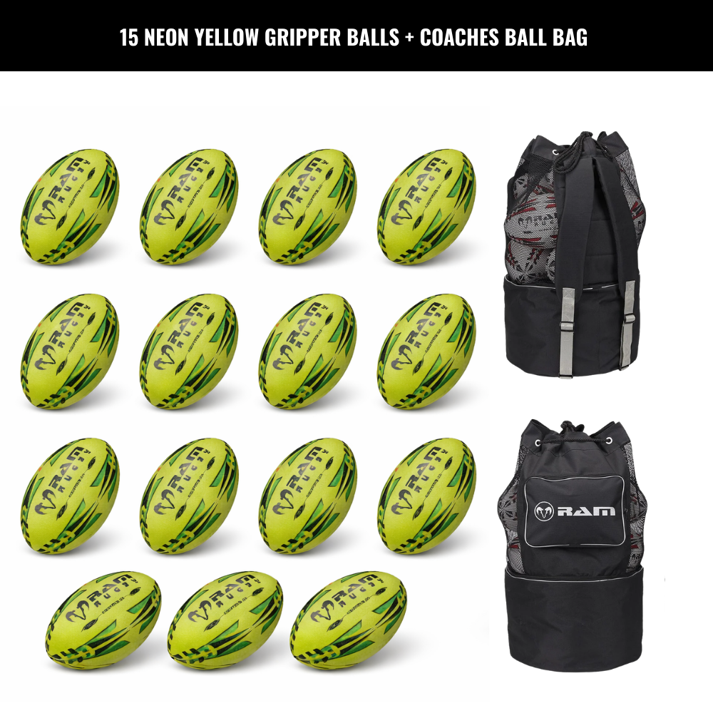 Ram Rugby Gripper 2.0 Pro Trainer Neon Ball Bundle 15 Balls with 1 Bag