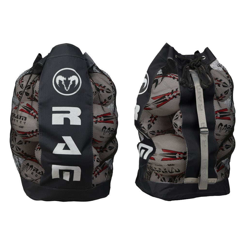 Ram Rugby breathable ball bag with durable nylon mesh, adjustable strap, and base drainage holes for moisture release.