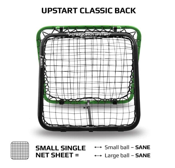 Crazy Catch Upstart 2.0 portable double-sided rebound net showing compact freestanding design for hand-eye training