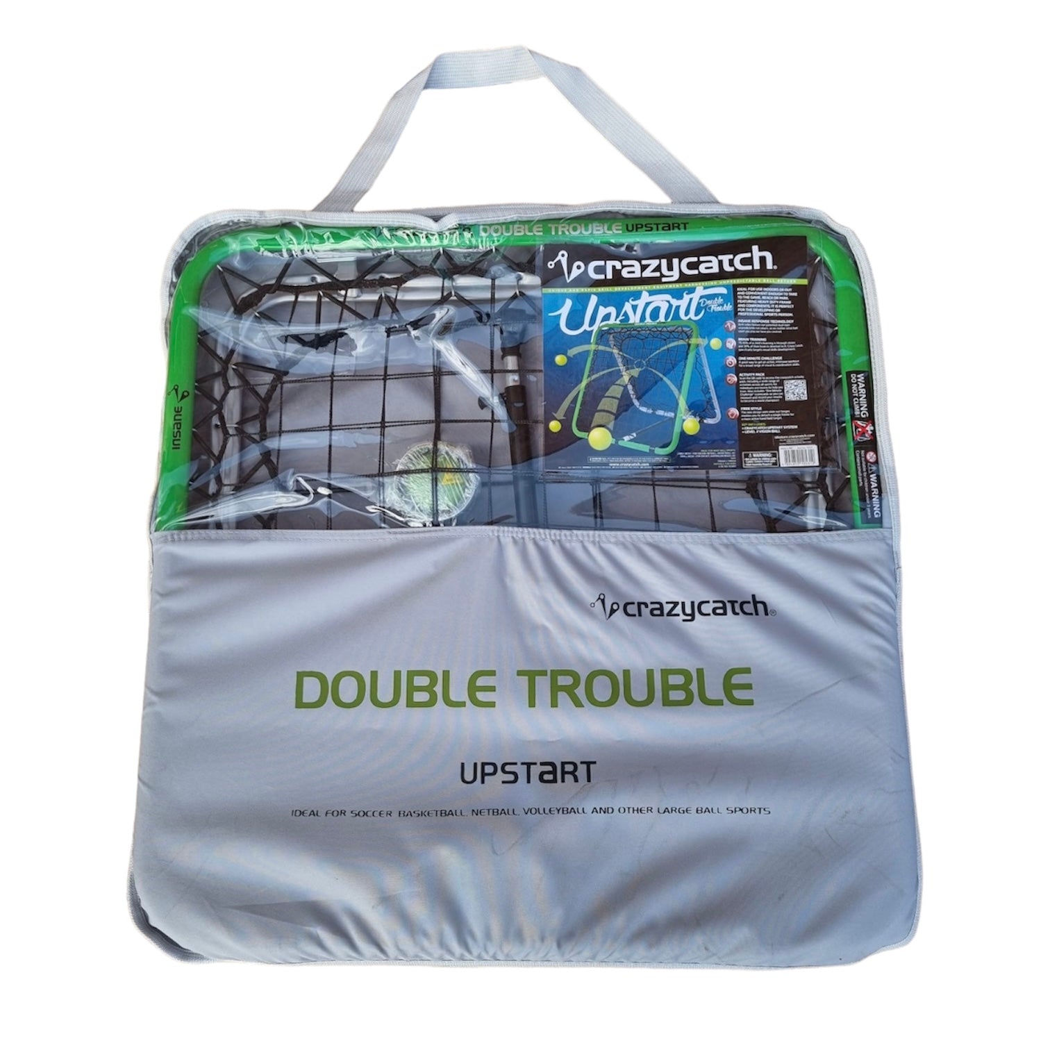 Crazy Catch Upstart Double Trouble rebound net showing dual-side design with durable mesh for rugby hand-eye coordination training
