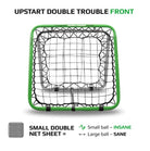 Crazy Catch Upstart Double Trouble rebound net with dual-sided black mesh frame, designed for rugby training accuracy and reaction skills
