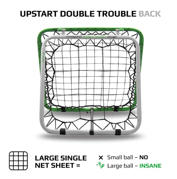 Crazy Catch Upstart Double Trouble Rugby rebound net showing dual-sided black mesh frame designed for advanced catching drills.