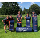 Ram Rugby custom hit shield in black and red with multiple logos, designed for rugby training and impact protection.