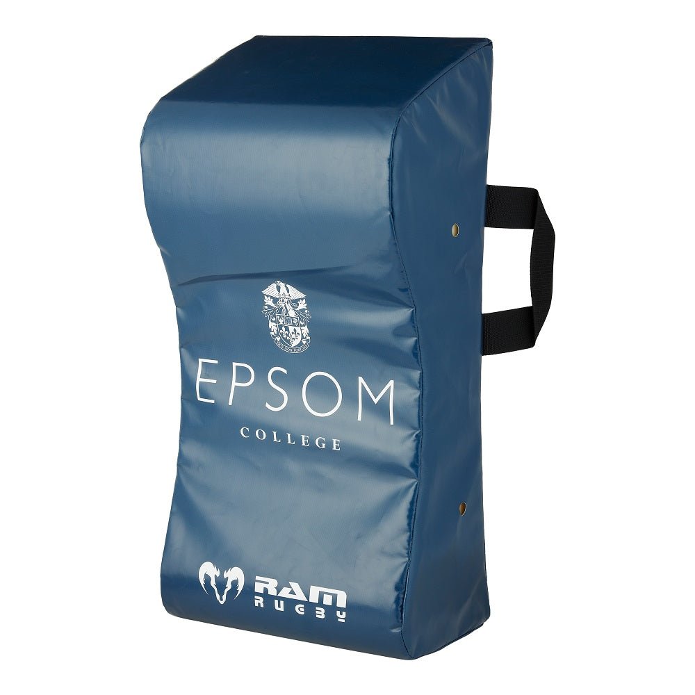 Ram Rugby custom hit shield in vibrant red and black with multi-logo design, durable training equipment for rugby drills