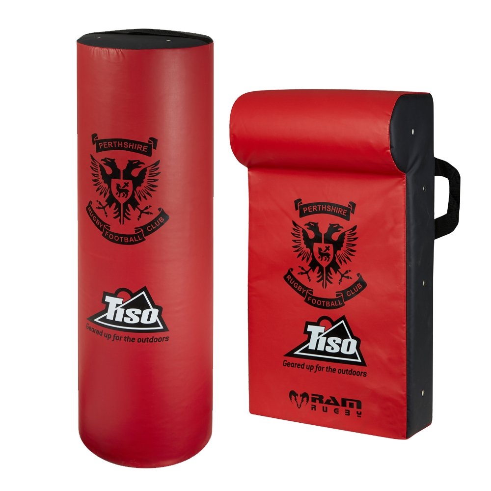Red and black Ram Rugby custom hit shield with multiple logo prints for rugby training and tackling practice, UK made