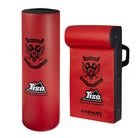 Red and black Ram Rugby custom hit shield with multiple logo prints for rugby training and tackling practice, UK made