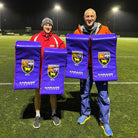 Ram Rugby custom blue and white hit shield with multiple logos, designed for rugby training and impact protection.