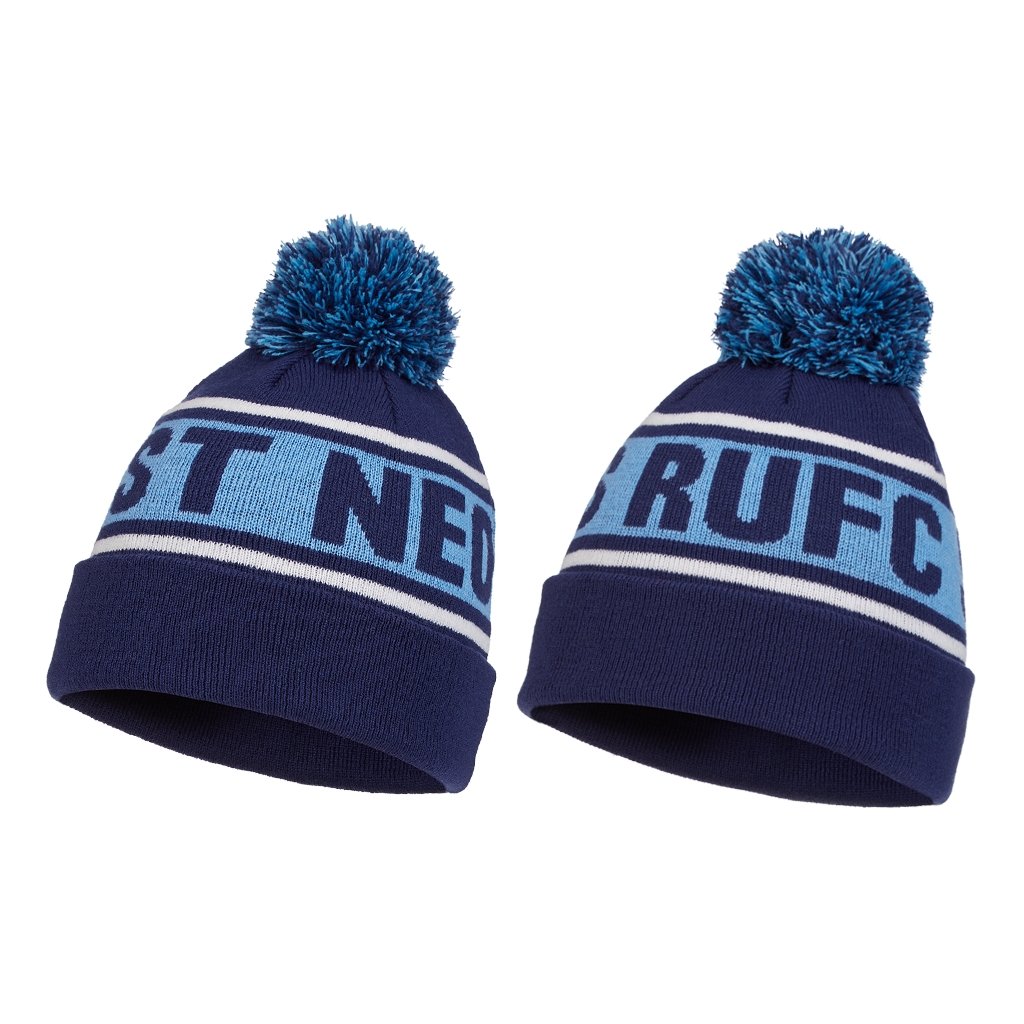 Ram Rugby custom knitted bobble hats bulk order showing colorful acrylic beanies with embroidered school logos, large size options