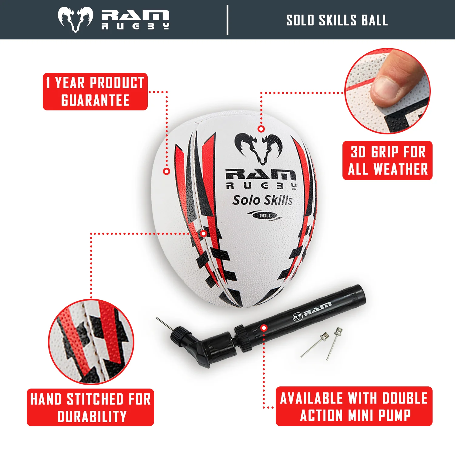Set regalo RAM Rugby – Pallone da allenamento Squad + Pallone tecnico Solo + Mini pompa – Misura 3, 4 o 5 – Grip 3D