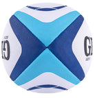 Gilbert Atom rugby match ball close-up showing textured G-SR rubber surface and Truflight valve for reliable grip and air retention