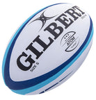 Ten Gilbert Atom size 5 rugby match balls in white, stored inside a black breathable bag designed for easy transport.