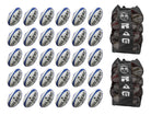 Thirty Gilbert G-TR4000 trainer rugby balls stacked with two large breathable Gilbert ball bags for size 5 balls storage