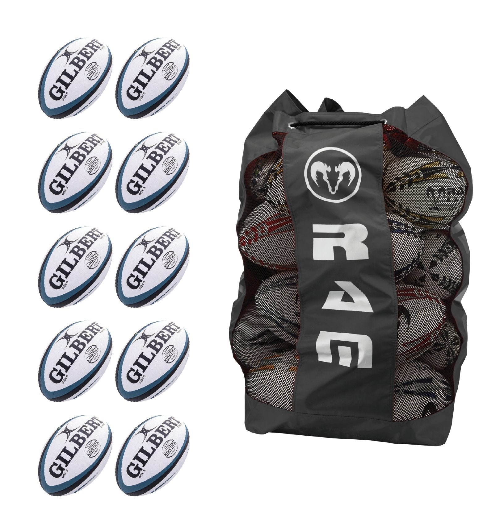 Ten Gilbert Kinetica rugby match balls stacked inside a breathable black mesh bag for senior club-level training sessions