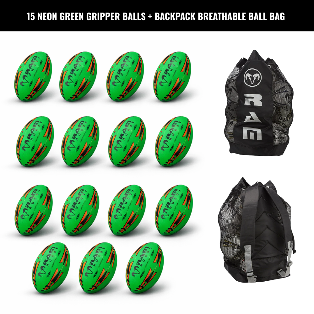 Ram Rugby Gripper 2.0 Pro Trainer Neon Ball Bundle 15 Balls with 1 Bag