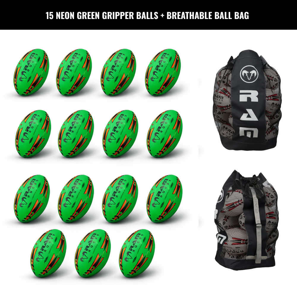 Ram Rugby Gripper 2.0 Pro Trainer Neon Ball Bundle 15 Balls with 1 Bag