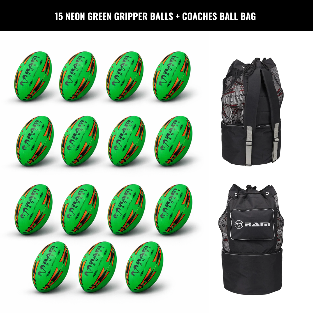 Ram Rugby Gripper 2.0 Pro Trainer Neon Ball Bundle 15 Balls with 1 Bag