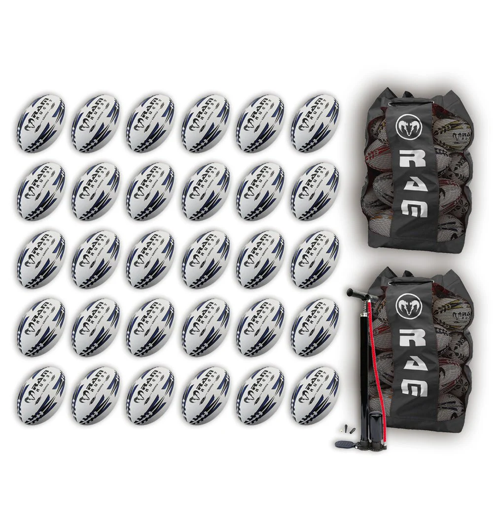 Ram Rugby Gripper 2.0 Pro Trainer Rugby Ball Bundle 30 Balls 2 Bags