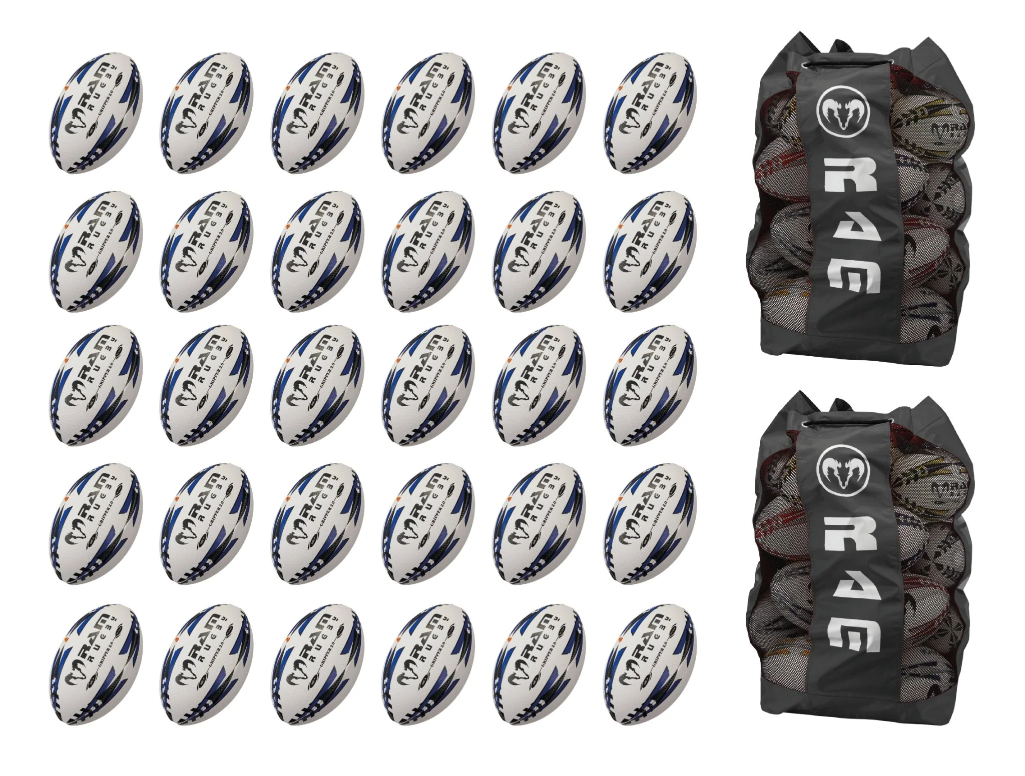 Ram Rugby Gripper 2.0 Pro Trainer Rugby Ball Bundle 30 Balls 2 Bags